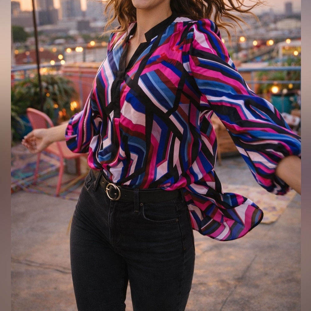 Vibrant NY Collection Geometric Stripe Blouse | Long Sleeve Statement Top | XL